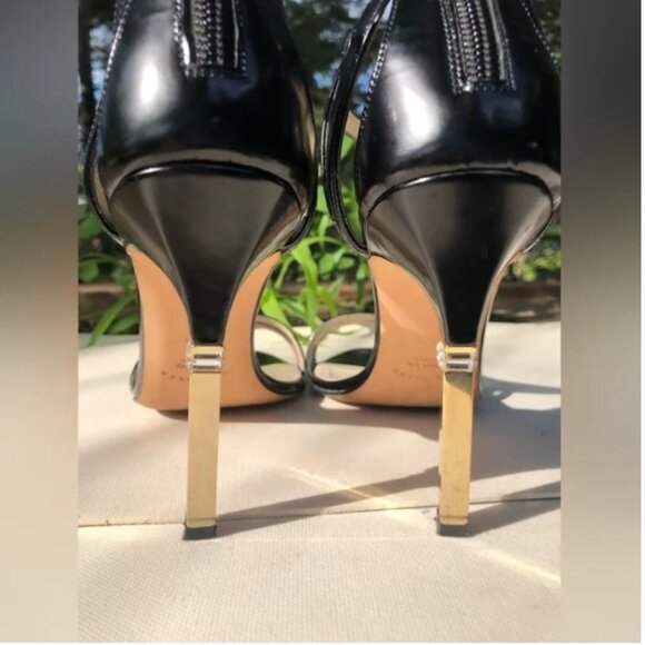 Mia Becar Leather Black Gold Heel back zipper High Heels open toe 38.5 US 8.5 - Picture 11 of 13
